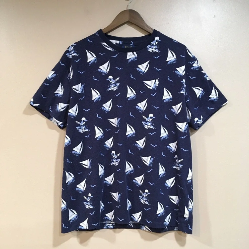 Polo Ralph Lauren Sailboat Print T-Shirt Mens L Navy Nautical Preppy Pony Resort